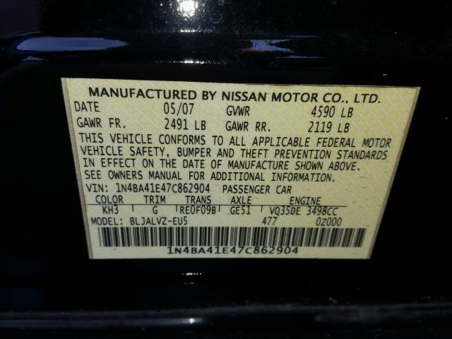 1N4BA41E47C862904 - 2007 NISSAN MAXIMA SE BLACK photo 10