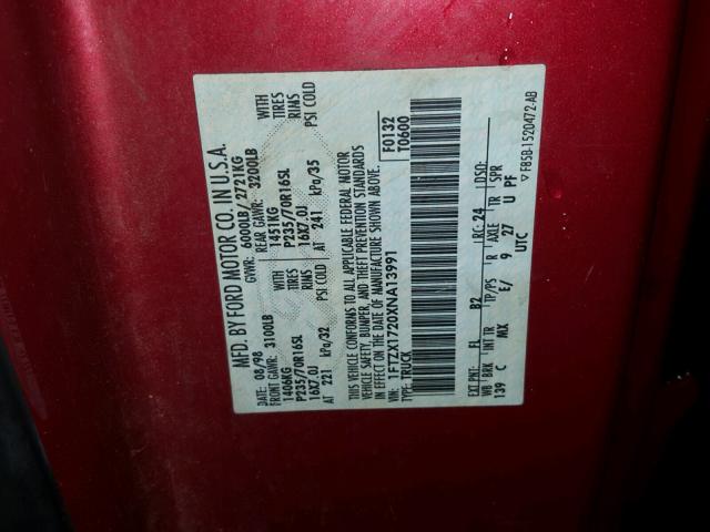 1FTZX1720XNA13991 - 1999 FORD F150 Բորդո լուսանկար 10