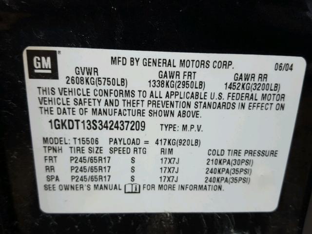 1GKDT13S342437209 - 2004 GMC ENVOY CHARCOAL photo 10