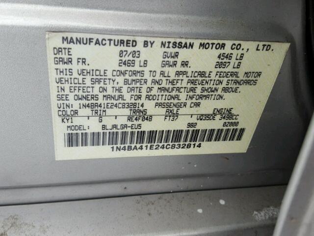 1N4BA41E24C832814 - 2004 NISSAN MAXIMA SE SILVER photo 10