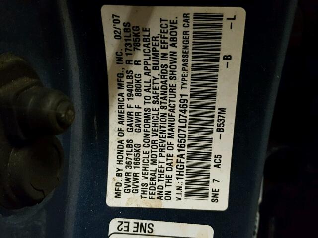 1HGFA16507L074691 - 2007 HONDA CIVIC LX BLUE photo 10