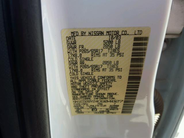 5N1ED28Y24C604827 - 2004 NISSAN XTERRA XE WHITE photo 10