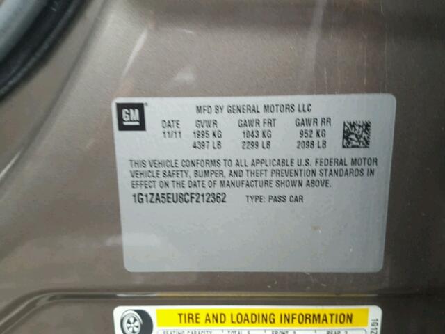 1G1ZA5EU8CF212362 - 2012 CHEVROLET MALIBU LS ყავისფერი ფოტო 10