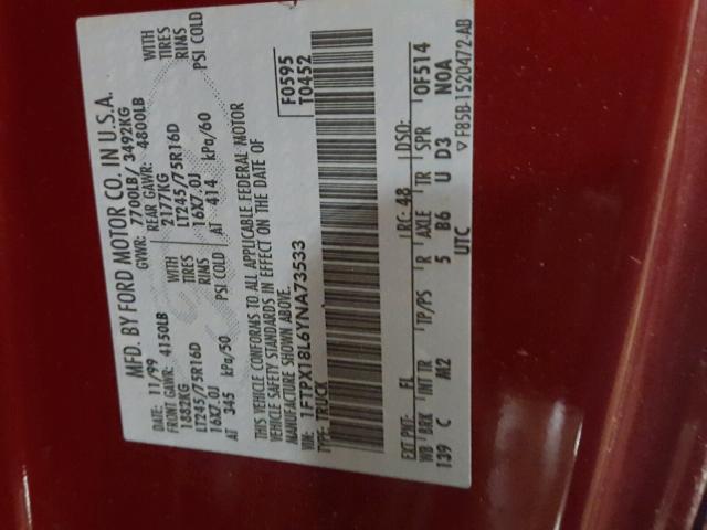 1FTPX18L6YNA73533 - 2000 FORD F150 RED photo 10