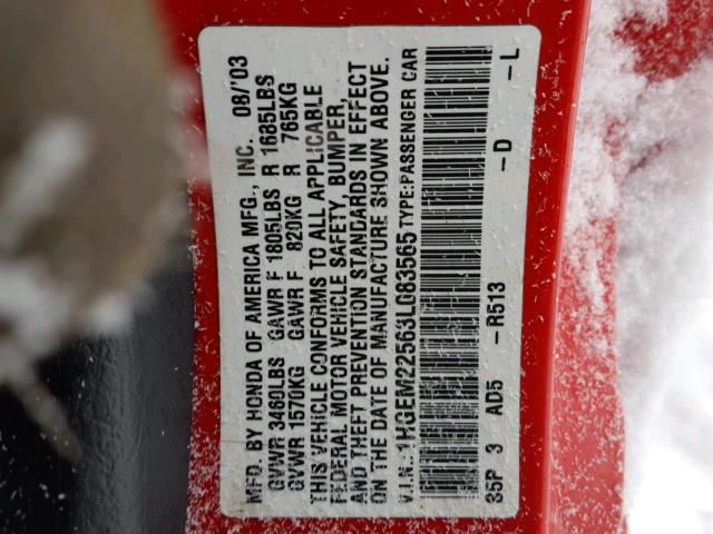 1HGEM22563L083565 - 2003 HONDA CIVIC LX RED photo 10