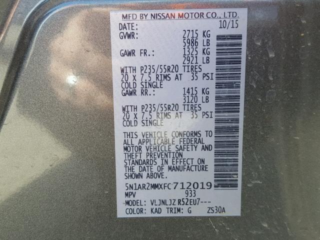 5N1AR2MMXFC712019 - 2015 NISSAN PATHFINDER GRAY photo 10