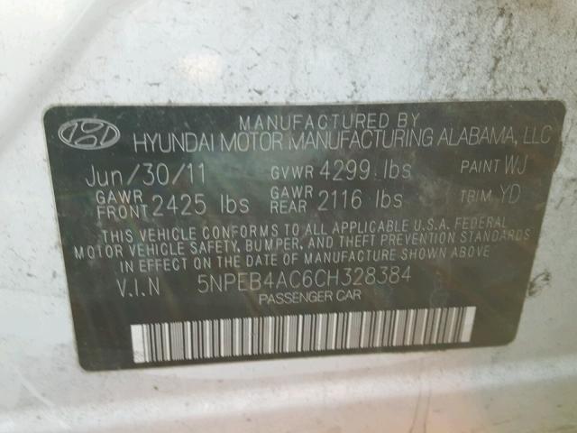 5NPEB4AC6CH328384 - 2012 HYUNDAI SONATA GLS WHITE photo 10