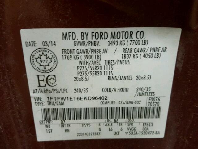 1FTFW1ET6EKD96402 - 2014 FORD F150 SUPER RED photo 10