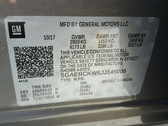 5GAERCKW5JJ145000 - 2018 BUICK ENCLAVE PR BEIGE photo 10