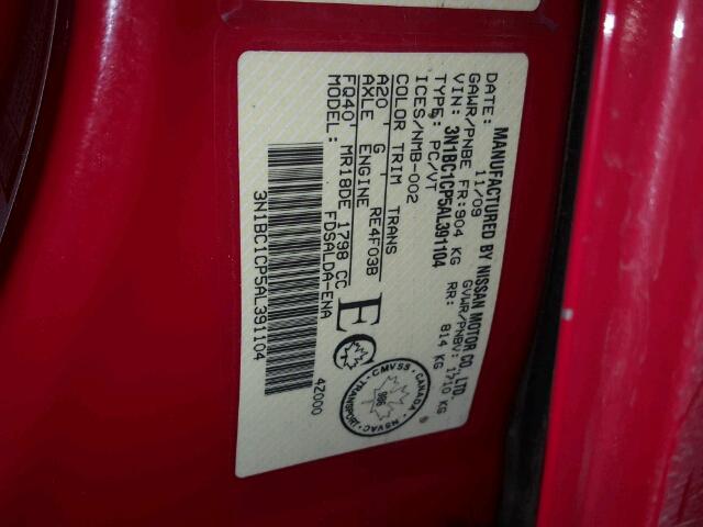 3N1BC1CP5AL391104 - 2010 NISSAN VERSA S RED photo 10