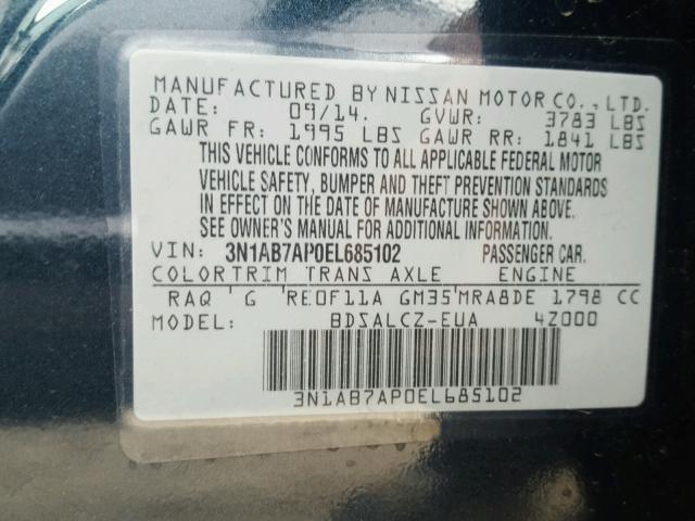 3N1AB7AP0EL685102 - 2014 NISSAN SENTRA S BLUE photo 10