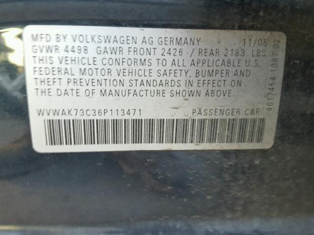 WVWAK73C36P113471 - 2006 VOLKSWAGEN PASSAT 2.0 BLUE photo 10