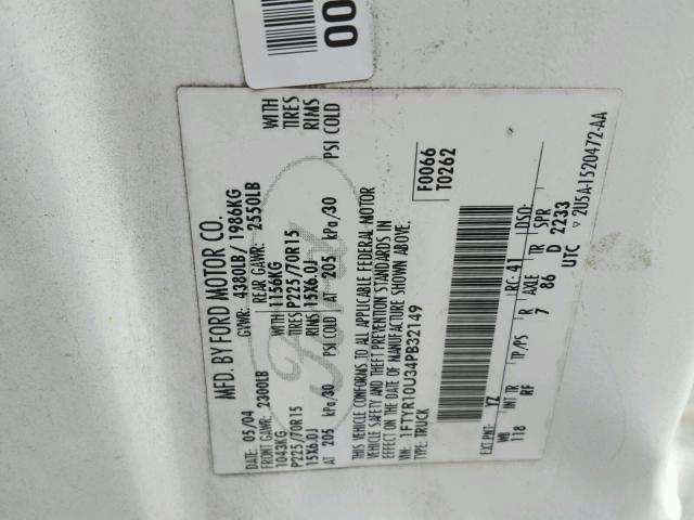 1FTYR10U34PB32149 - 2004 FORD RANGER WHITE photo 10