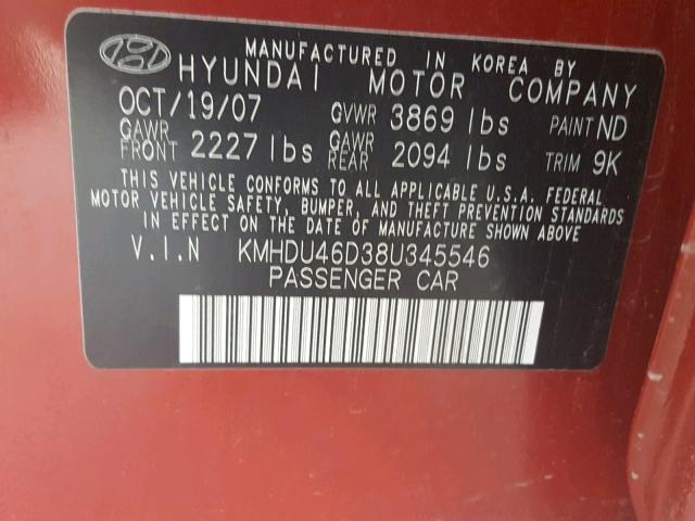 KMHDU46D38U345546 - 2008 HYUNDAI ELANTRA GL BURGUNDY photo 10