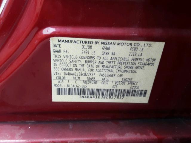 1N4BA41E38C827837 - 2008 NISSAN MAXIMA SE RED photo 10