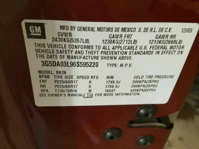 3G5DA03L96S595220 - 2006 BUICK RENDEZVOUS RED photo 10