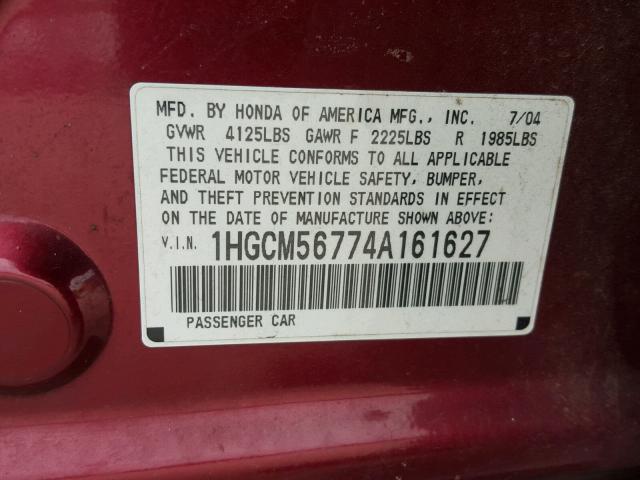 1HGCM56774A161627 - 2004 HONDA ACCORD EX RED photo 10