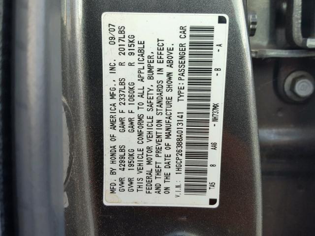 1HGCP26388A013141 - 2008 HONDA ACCORD LX GRAY photo 10