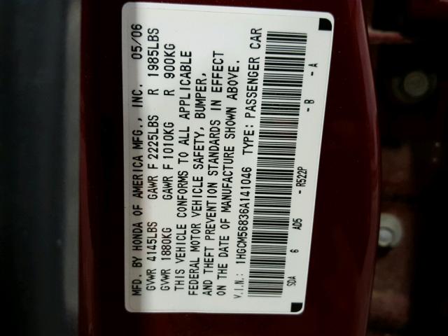 1HGCM56836A141046 - 2006 HONDA ACCORD EX BURGUNDY photo 10