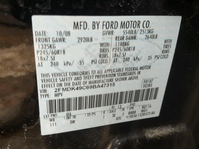 2FMDK49C69BA47315 - 2009 FORD EDGE LIMIT BLACK photo 10