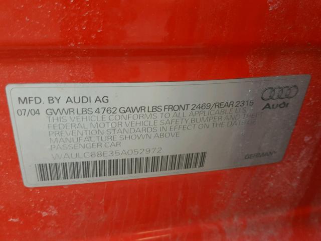 WAULC68E35A052972 - 2005 AUDI A4 1.8T QU RED photo 10