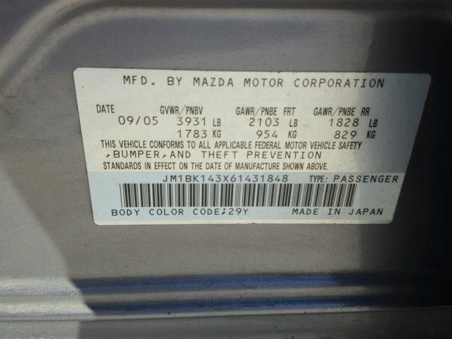 JM1BK143X61431848 - 2006 MAZDA 3 HATCHBAC GRAY photo 10