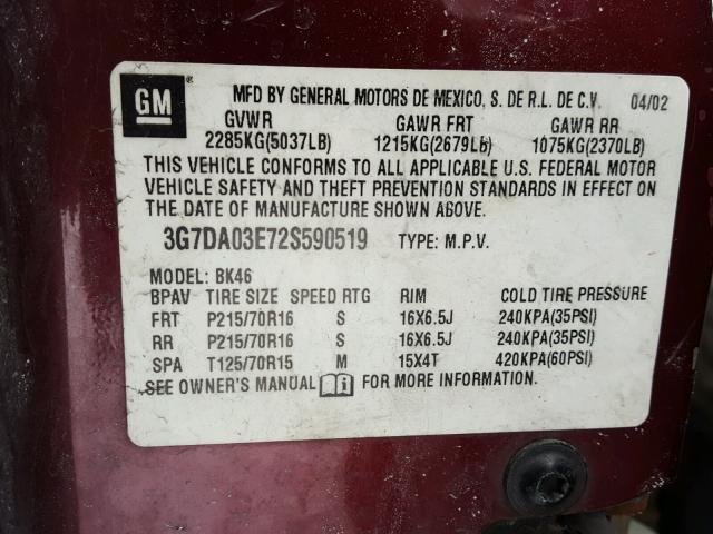 3G7DA03E72S590519 - 2002 PONTIAC AZTEK MAROON photo 10