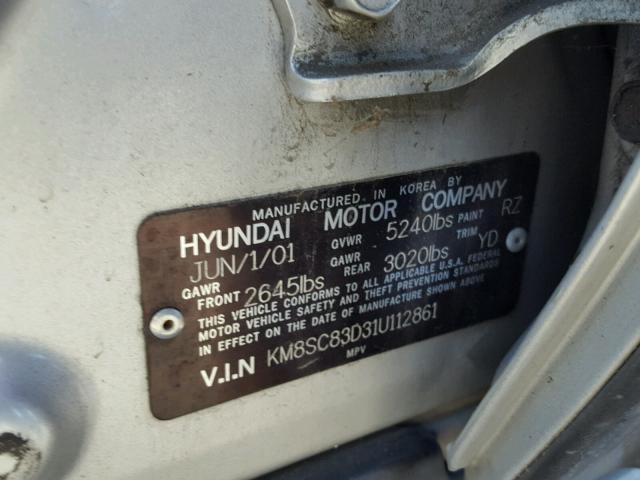 KM8SC83D31U112861 - 2001 HYUNDAI SANTA FE G GRAY photo 10