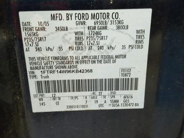 1FTRF14W96KB42368 - 2006 FORD F150 BLUE photo 10