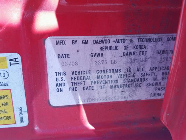 KL1TD66668B242606 - 2008 CHEVROLET AVEO BASE 红色 照片 10