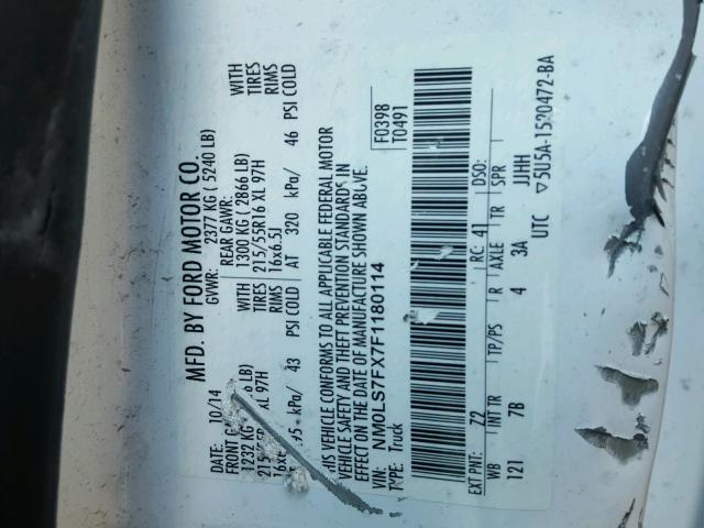 NM0LS7FX7F1180114 - 2015 FORD TRANSIT CO WHITE photo 10