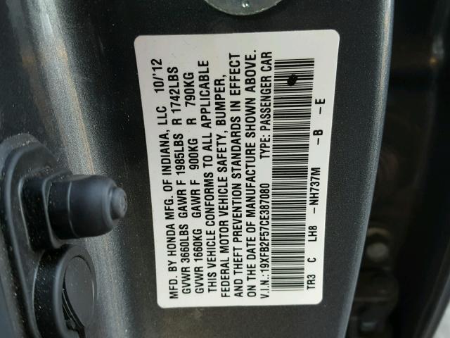 19XFB2F57CE387080 - 2012 HONDA CIVIC LX SILVER photo 10