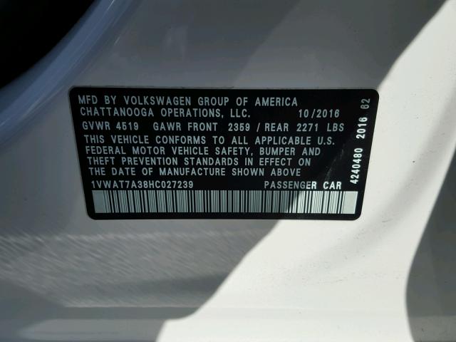 1VWAT7A38HC027239 - 2017 VOLKSWAGEN PASSAT S أبيض صورة 10