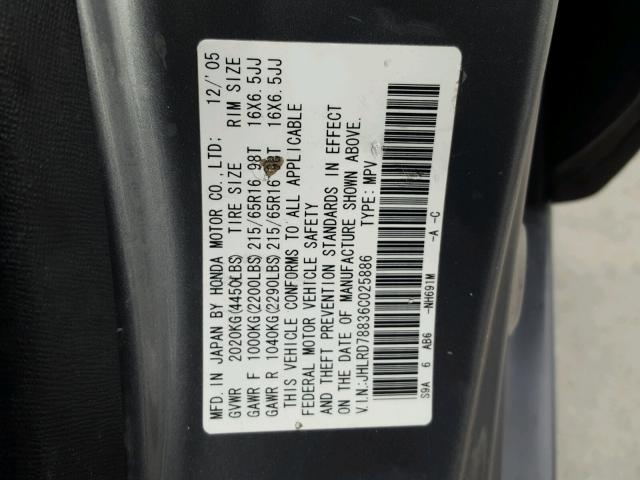 JHLRD78836C025886 - 2006 HONDA CR-V EX GRAY photo 10