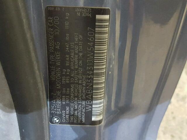 WBABN33431JW54607 - 2001 BMW 325 CI BLUE photo 10