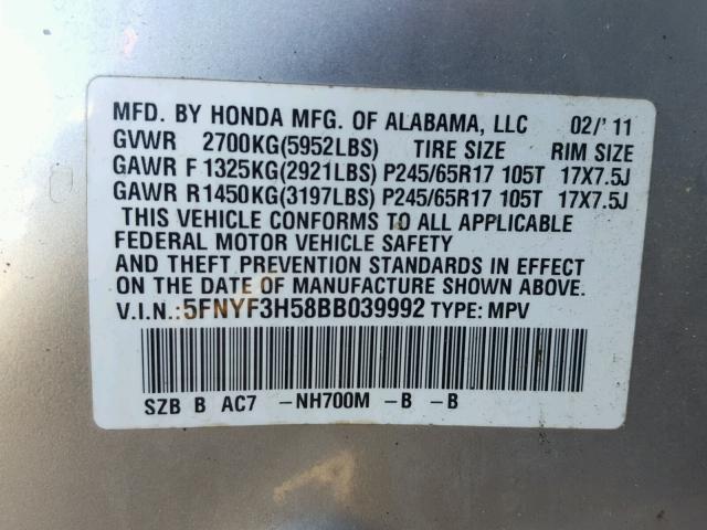 5FNYF3H58BB039992 - 2011 HONDA PILOT EXL SILVER photo 10