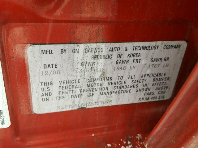 KL1TD56667B127075 - 2007 CHEVROLET AVEO BASE Kırmızı fotoğraf 10