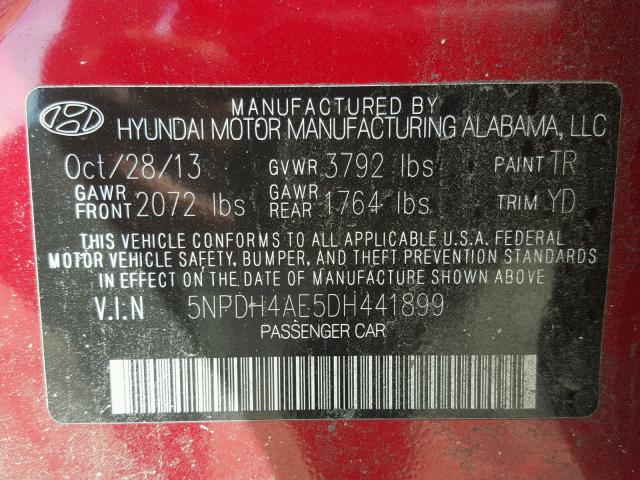 5NPDH4AE5DH441899 - 2013 HYUNDAI ELANTRA GL RED photo 10