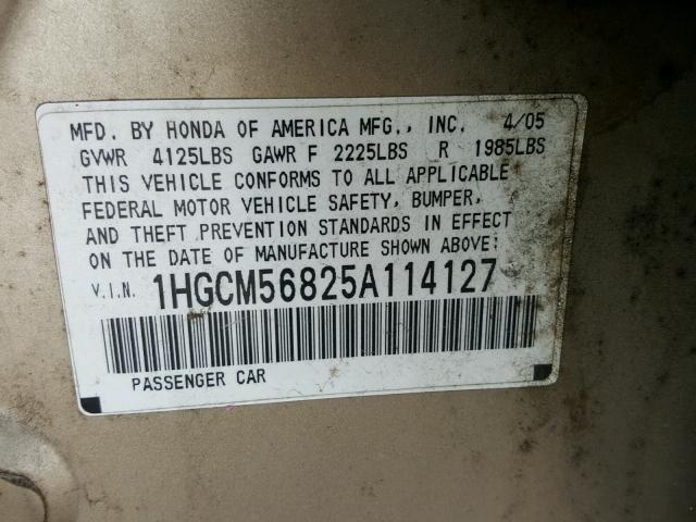 1HGCM56825A114127 - 2005 HONDA ACCORD EX GOLD photo 10