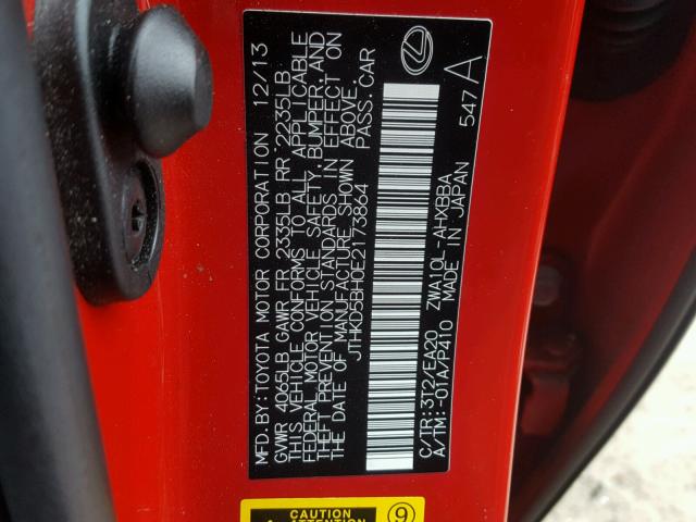 JTHKD5BH0E2173864 - 2014 LEXUS CT 200 RED photo 10