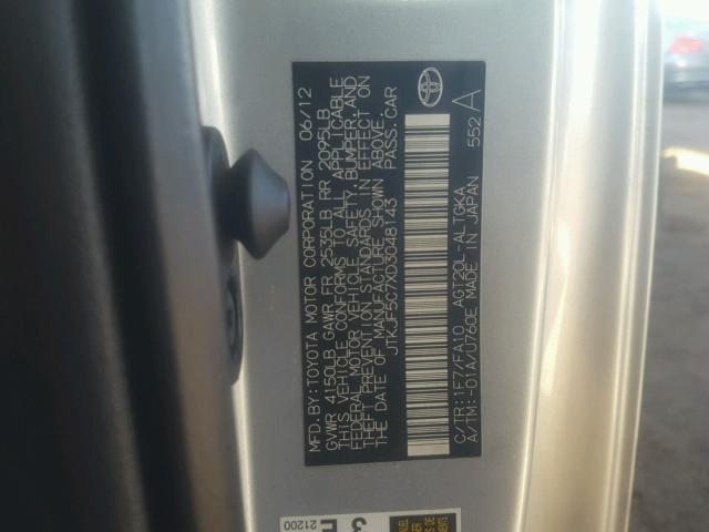 JTKJF5C7XD3048143 - 2013 TOYOTA SCION TC 银色 照片 10