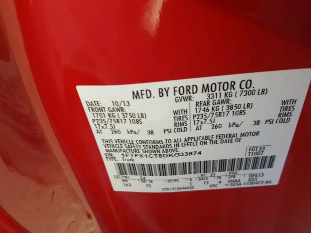 1FTFX1CT8DKG33874 - 2013 FORD F150 SUPER RED photo 10