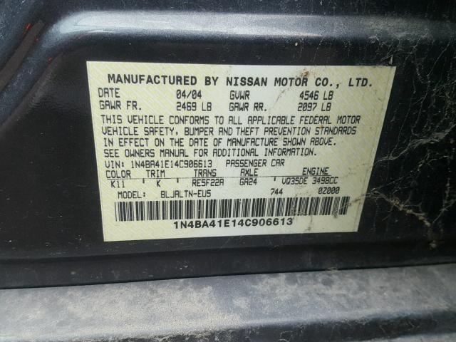 1N4BA41E14C906613 - 2004 NISSAN MAXIMA SE GRAY photo 10