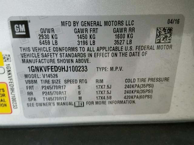 1GNKVFED9HJ100233 - 2017 CHEVROLET TRAVERSE L SILVER photo 10