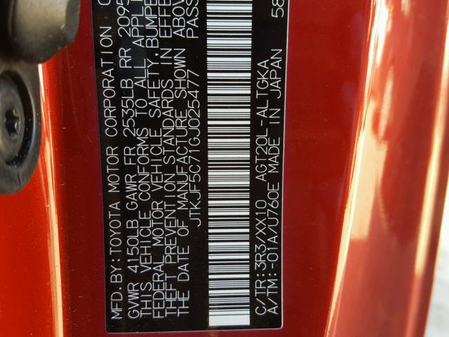 JTKJF5C71GJ025477 - 2016 TOYOTA SCION TC 红色 照片 10