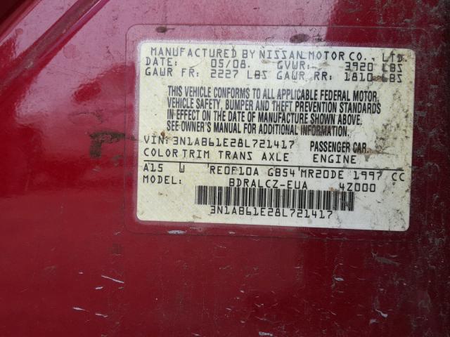 3N1AB61E28L721417 - 2008 NISSAN SENTRA 2.0 RED photo 10