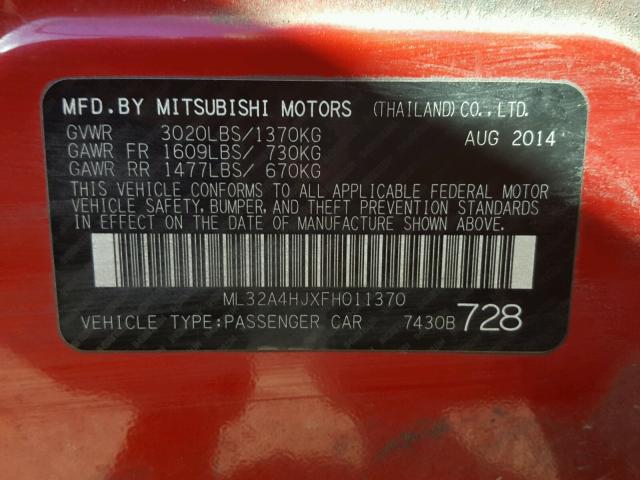 ML32A4HJXFH011370 - 2015 MITSUBISHI MIRAGE ES RED photo 10