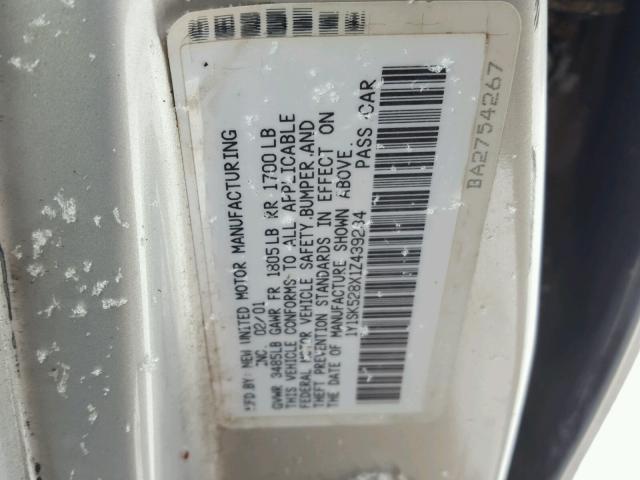 1Y1SK528X1Z439234 - 2001 CHEVROLET GEO PRIZM 银色 照片 10