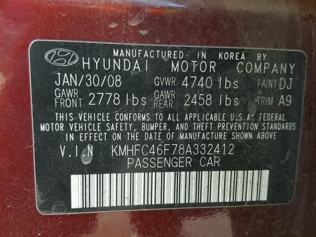 KMHFC46F78A332412 - 2008 HYUNDAI AZERA SE RED photo 10