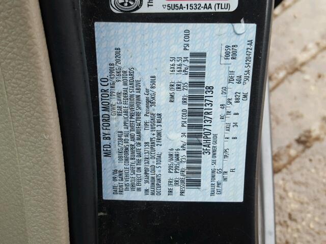 3FAHP07137R137138 - 2007 FORD FUSION SE BLACK photo 10